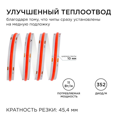 Светодиодная лента Apeyron 11W/m 352LED/m COB красный 5M 190ОО