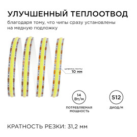 Светодиодная лента Apeyron 14W/m 512LED/m COB теплый белый 2M 195ОО