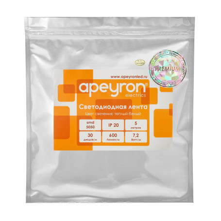 Светодиодная лента Apeyron 7,2W/m 30LED/m 5050SMD теплый белый 5M 00-437