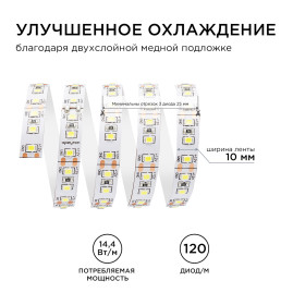 Светодиодная лента Apeyron 14,4W/m 120LED/m 2835SMD холодный белый 5M 00-52