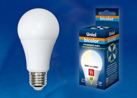 Лампа светодиодная Uniel E27 9W 4000K матовая LED-A60-9W/WW+NW/E27/FR PLB01WH UL-00001569