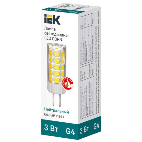 Лампа светодиодная IEK G4 3W 4000K прозрачная LLE-CORN-3-012-40-G4