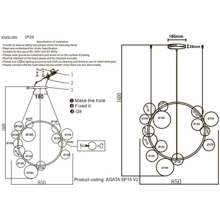 Подвесная люстра Crystal Lux Agata SP15 V2 Black/Transparente