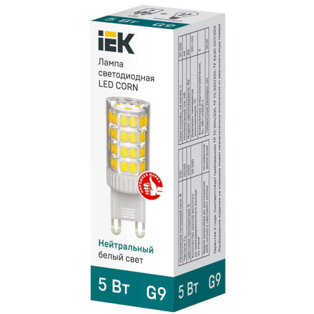 Лампа светодиодная IEK G9 5W 4000K прозрачная LLE-CORN-5-230-40-G9