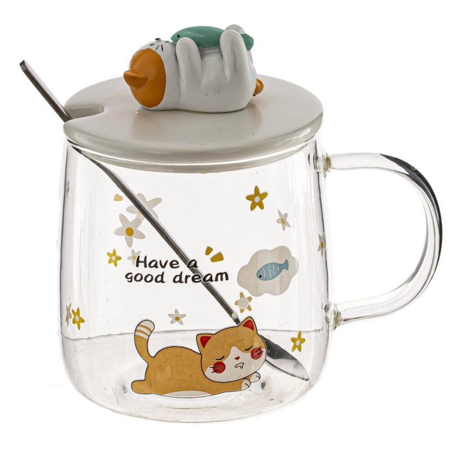 Кружка с крышкой и ложкой 420 мл, L8 W8 H9 см