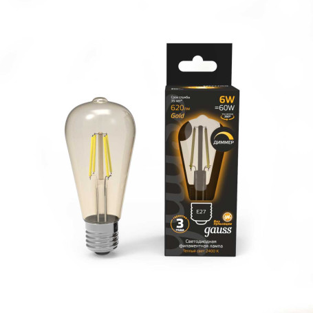 Лампа светодиодная филаментная Gauss E27 6W 2400К золотая 102802006