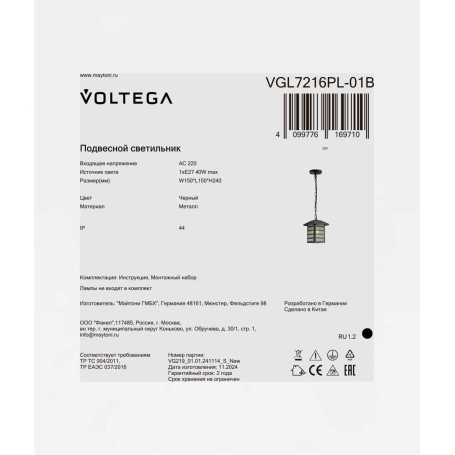 Уличный подвесной светильник Voltega Взгляд / Peek VGL7216PL-01B