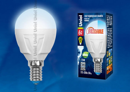Лампа светодиодная диммируемая Uniel E14 6W 4500K матовая LED-G45-6W/NW/E14/FR/DIM PLP01WH UL-00000692