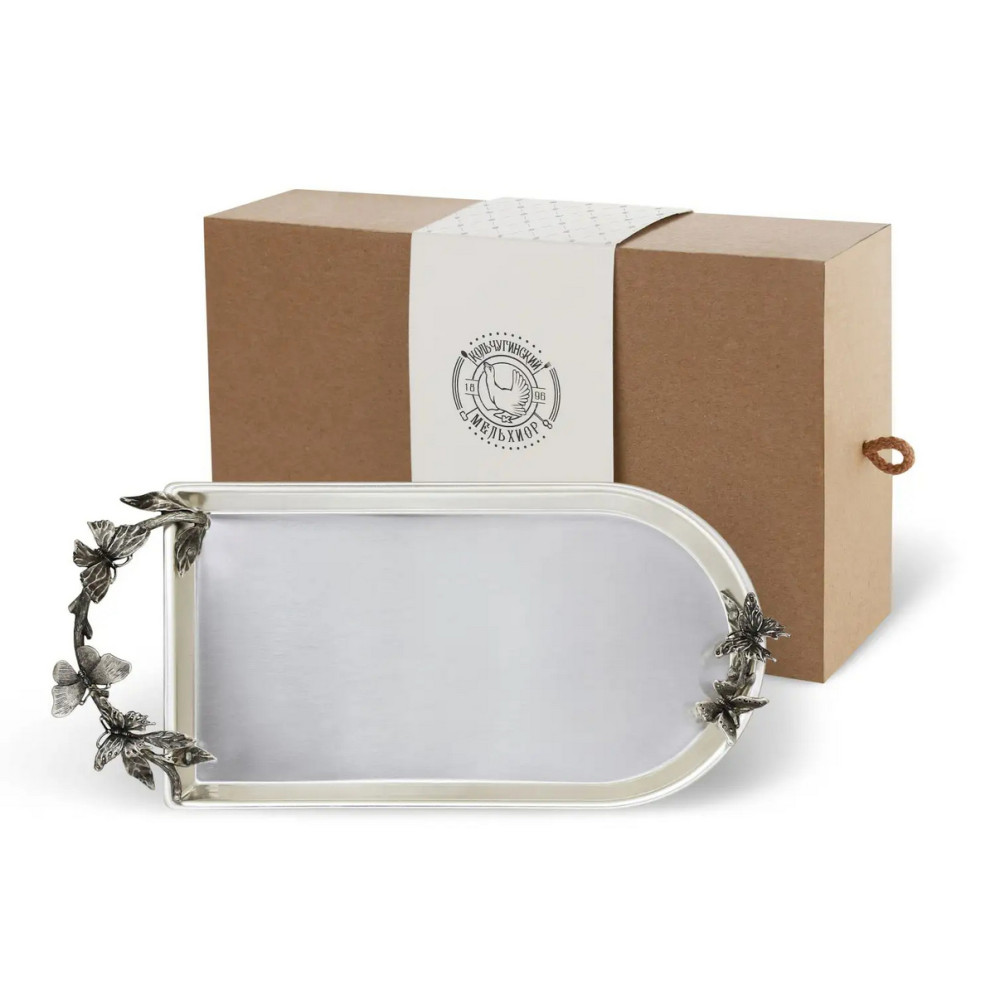 Поднос для чая &quot;Бабочки&quot; посеребренный в коробке