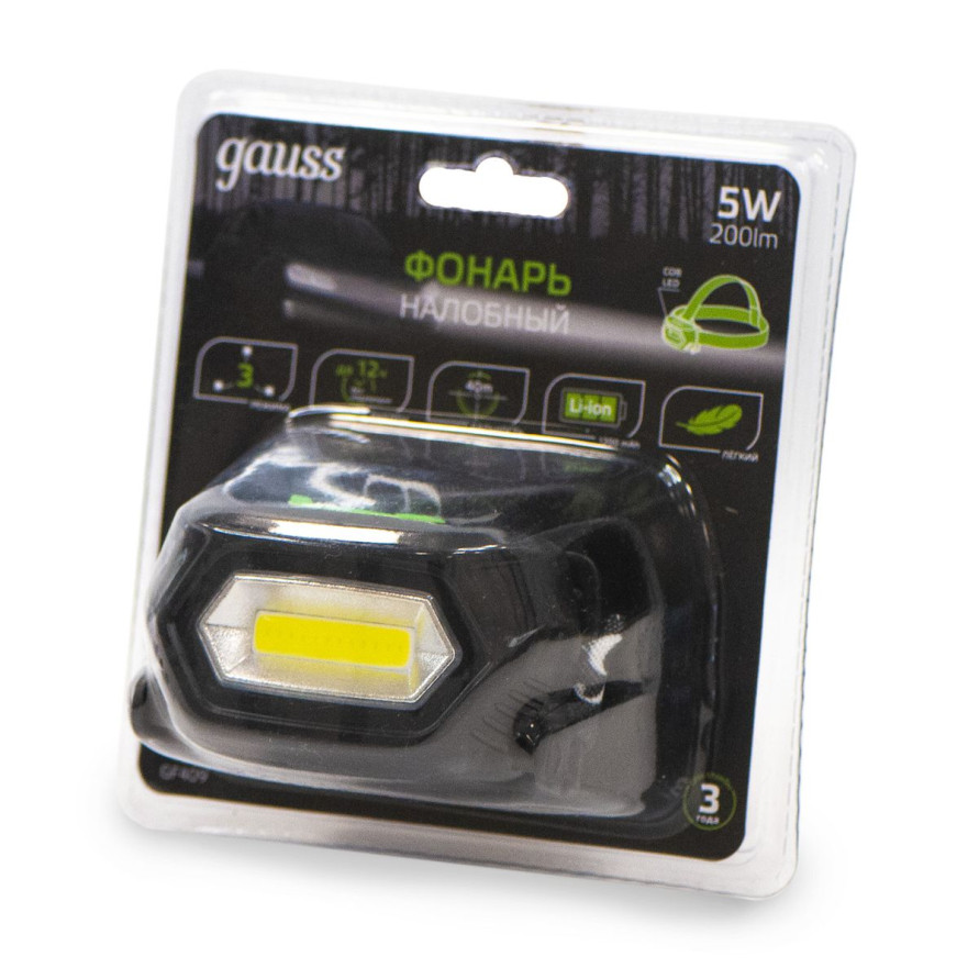Налобный светодиодный фонарь Gauss аккумуляторный 77х50 200 лм GF409