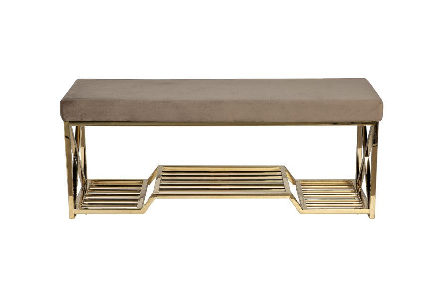 Банкетка велюровая серо-бежевая/золото